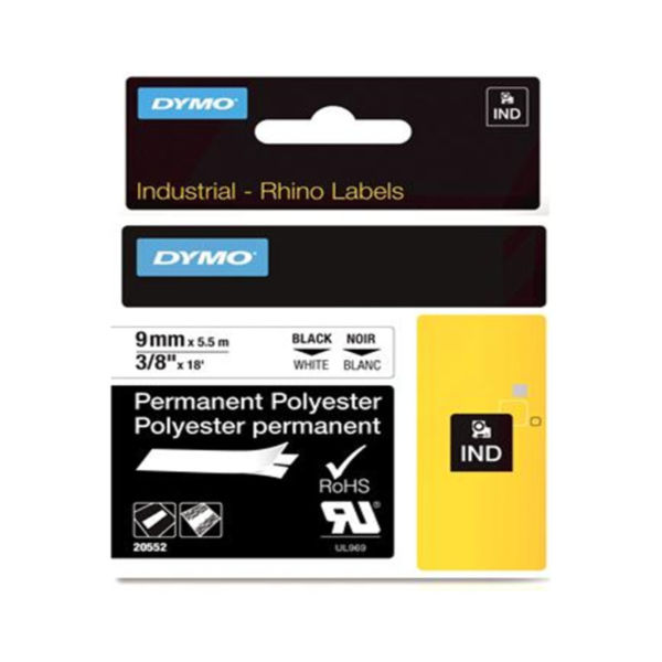 Picture of 9MM Dymo RHINO 18482 black on white permanent polyester